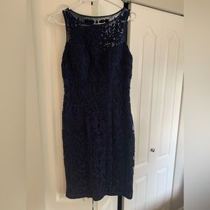 Navy Sue Wong designer sheath dress